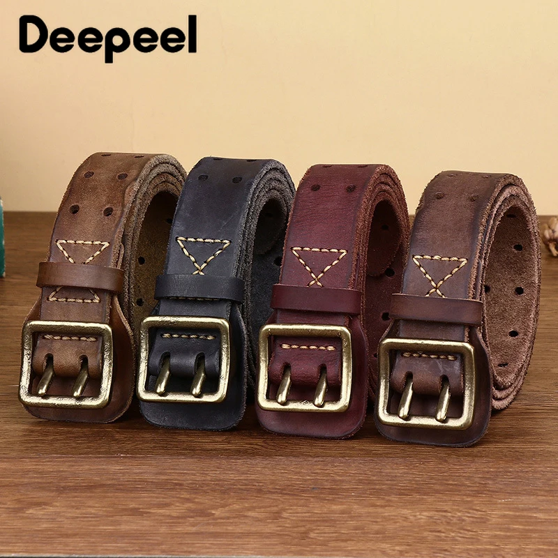 Top Trends: Male Retro Fashion Cowskin Belt Genuine Leather Pure Copper Double Needle Buckle Young Men&#039;s Belts New Style Cowboy Waistband Shoppable Styles