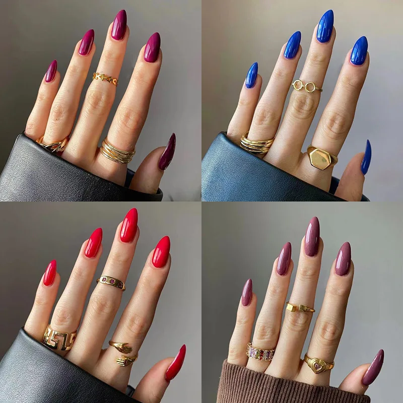 Top Trends: Solid Color Series Wearable Nail Art Purple Blue Green Red Long Stiletto Finished False Nails Press On Nails With Glue Wholesale Shoppable Styles