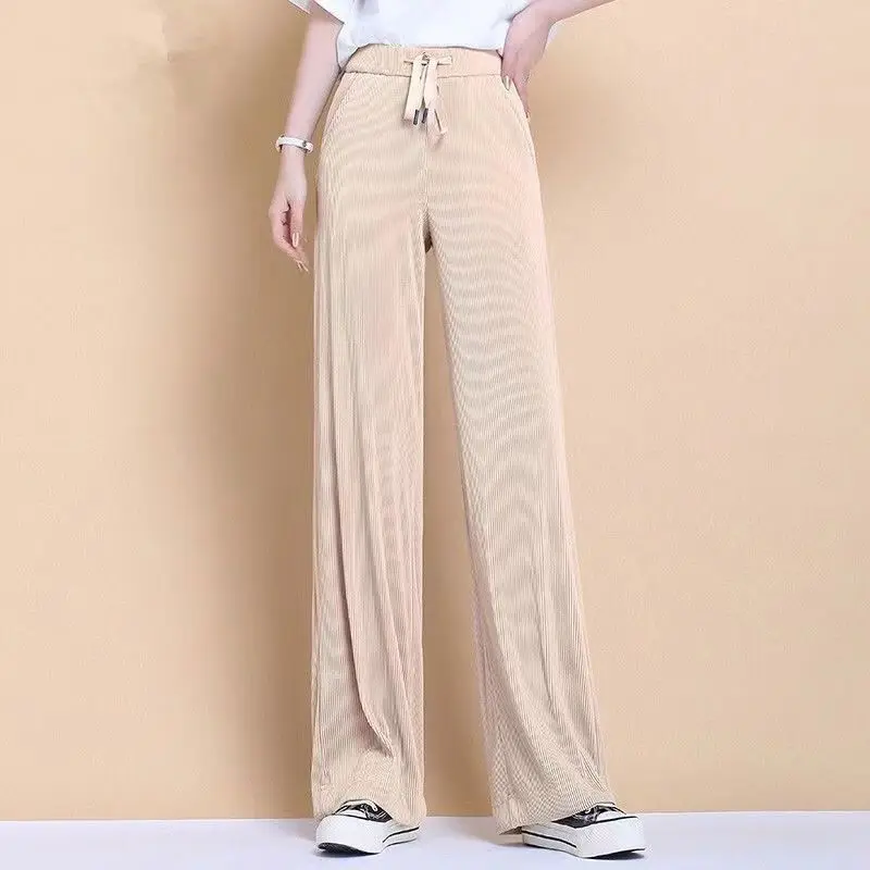 Top Trends: Korean All-match Thin Lace-up Wide Leg Pants Spring Summer High Waist Pockets Loose Solid Fashion Women Casual Straight Trousers Shoppable Styles