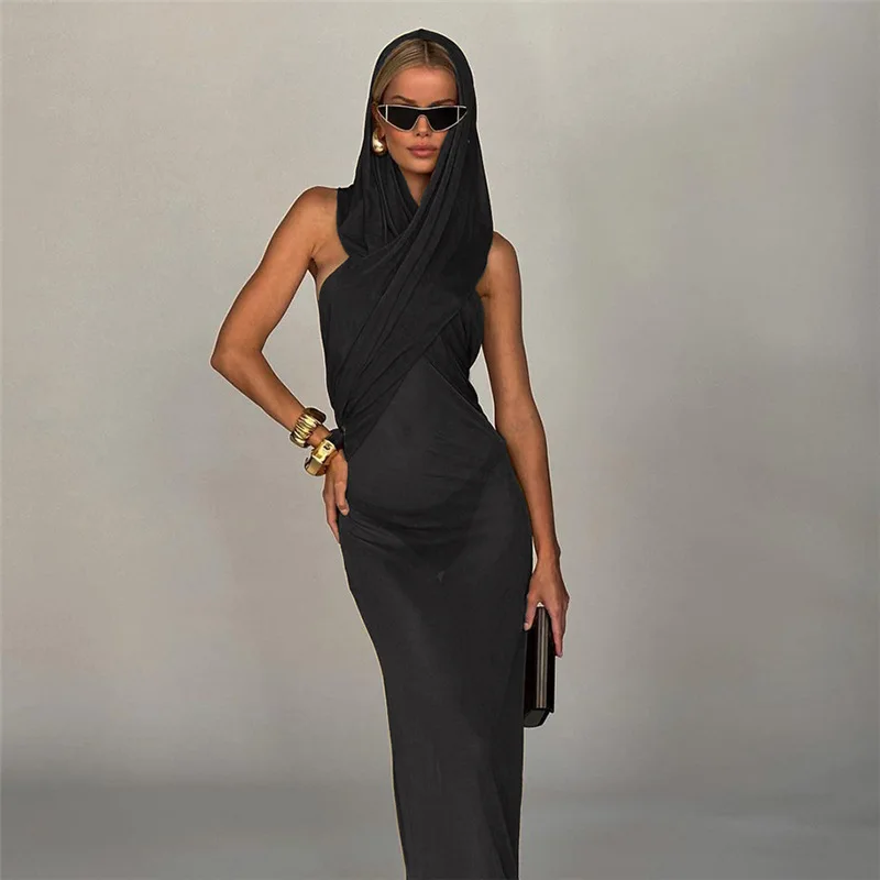 Top Trends: 2023 Cross Hooded Dress Women Sheer Stretch Sleeveless Backless Skinny Summer Elegant Fashion Solid Bodycon Vestidos Shoppable Styles