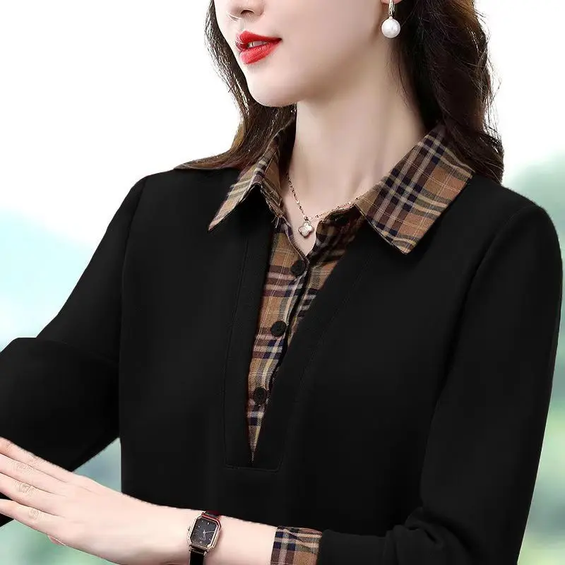 Top Trends: 2023 New Spring And Autumn Fashion Casual Mom's Wear Spliced Long Sleeve Temperament Polo Collar Fake Two Piece Casual Plaid Top Shoppable Styles