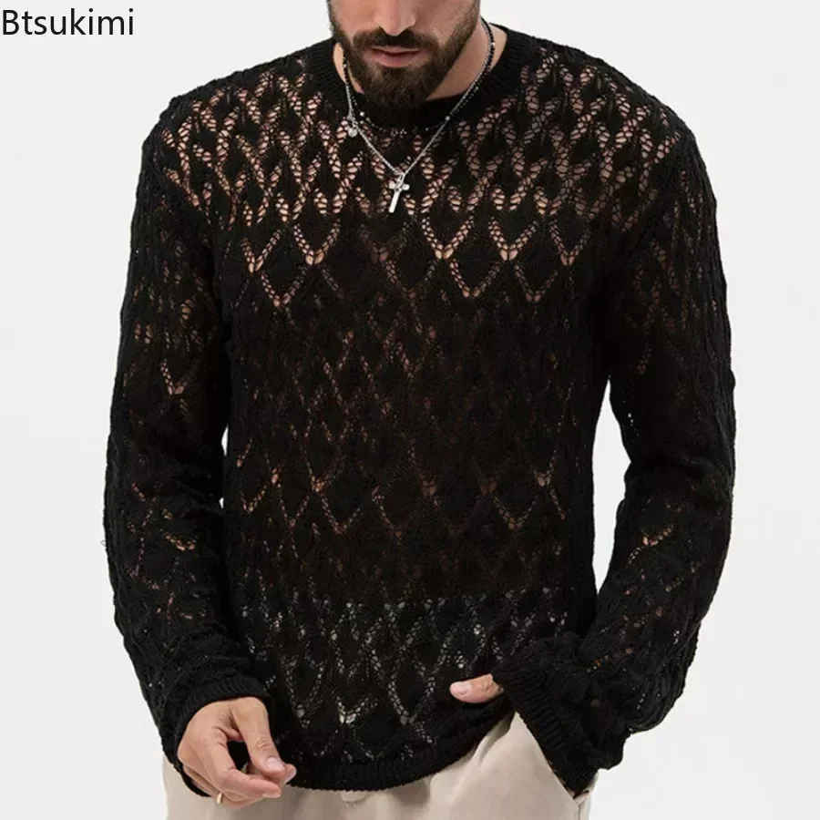 Top Trends: 2024 Men&#039;s Knitted Long Sleeve Sweater Tops Black Hollow Out T-shirt Pullovers Knitted Men&#039;s Spring Autumn Clothing Hollow Tops Shoppable Styles