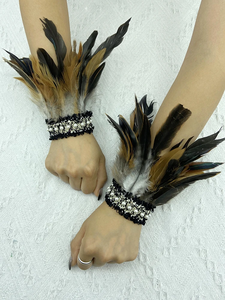 Top Trends: Natural Feather Wrist Cuffs Elegant Fur Sleeve Arm Accessories Gothic Halloween Cosplay Feather Gloves Pearl Arm Cuff 2pcs Shoppable Styles