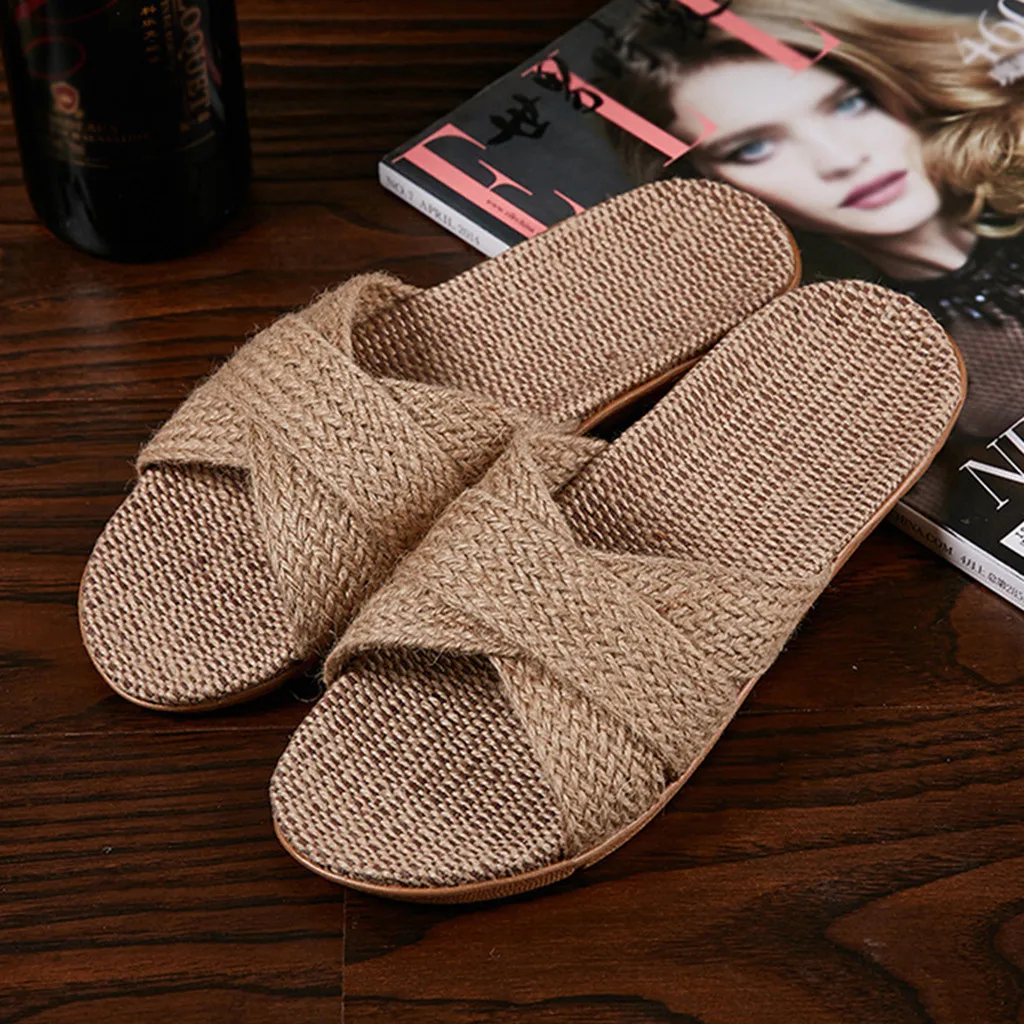 Top Trends: Summer Flax Slippers Women Men Home Casual Slippers Summer Casual Cross Strap Shoes Ladies Linen Slippers Female Beach Sandals Shoppable Styles