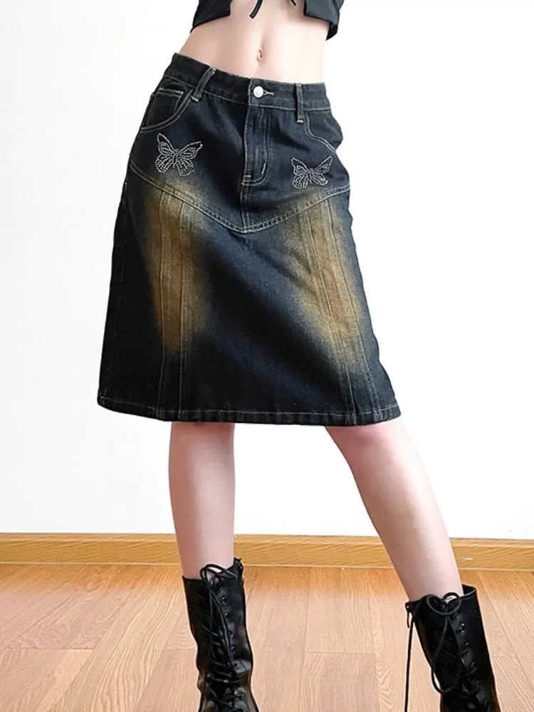 Top Trends: HOUZHOU Trashy Y2k 2000s Jeans Skirt Women Vintage Knee-Length Distressed Butterfly Diamond Midi Denim Skirt Streetwear Gyaru Shoppable Styles