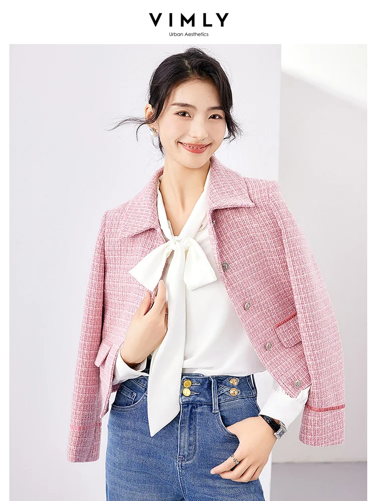 Top Trends: Vimly Elegant Pink Tweed Jacket 2023 Autumn Winter Clothes Women Single Breasted Long Sleeve Lapel Texture Coat Outerwear M2891 Shoppable Styles