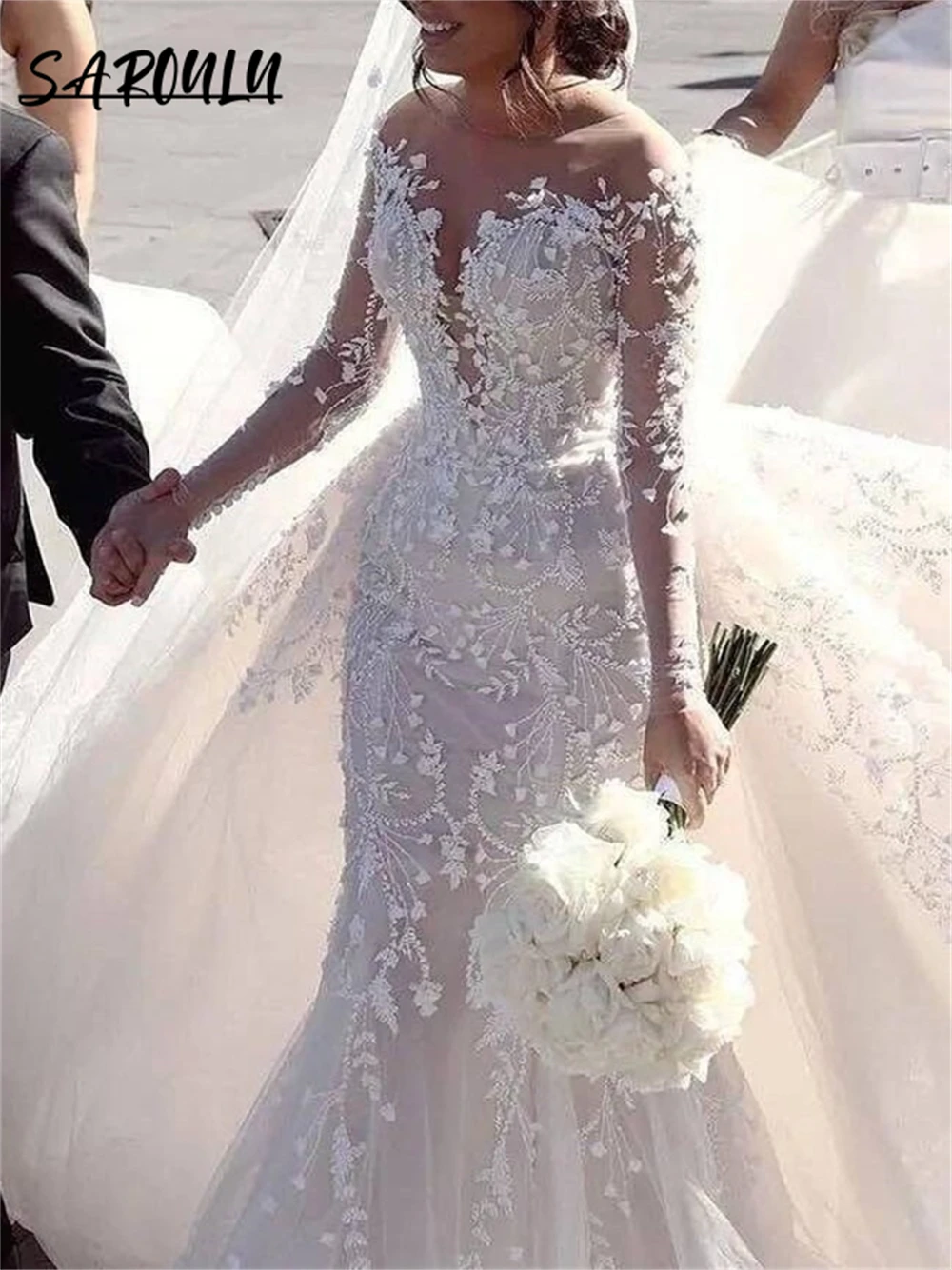 Top Trends: Illusion Long Sleeve Wedding Dresses For Women With Luxury Appliques Mermaid Detachable Train Bride Dresses Sexy Bridal Gown Shoppable Styles