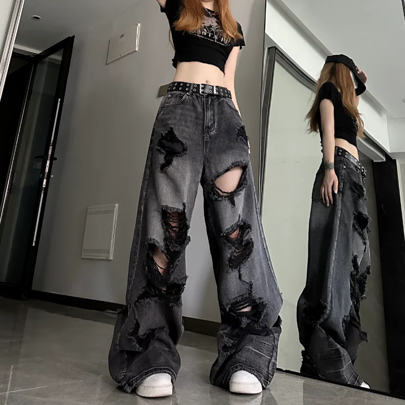 Top Trends: Women&#039;s Distressed Design Wide Leg Hole Jeans Summer New Street Unisex Style Trousers Loose High Waist Straight Denim Pants 4XL Shoppable Styles