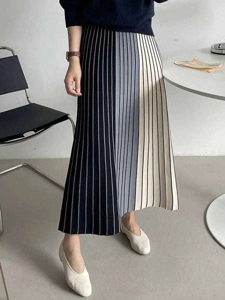 Top Trends: Autumn Winter Knitting Skirt High Waist Long Pencil Skirt Women Knitted Casual Vintage Maxi Skirt Vintage Warm Thick Midi Stripe Shoppable Styles