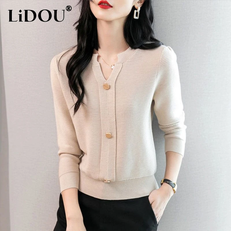 Top Trends: 2023 Autumn Winter New Solid Color Fashion V-neck Sweater Women High Street Casual Loose Button Korean Style All-match Pullovers Shoppable Styles