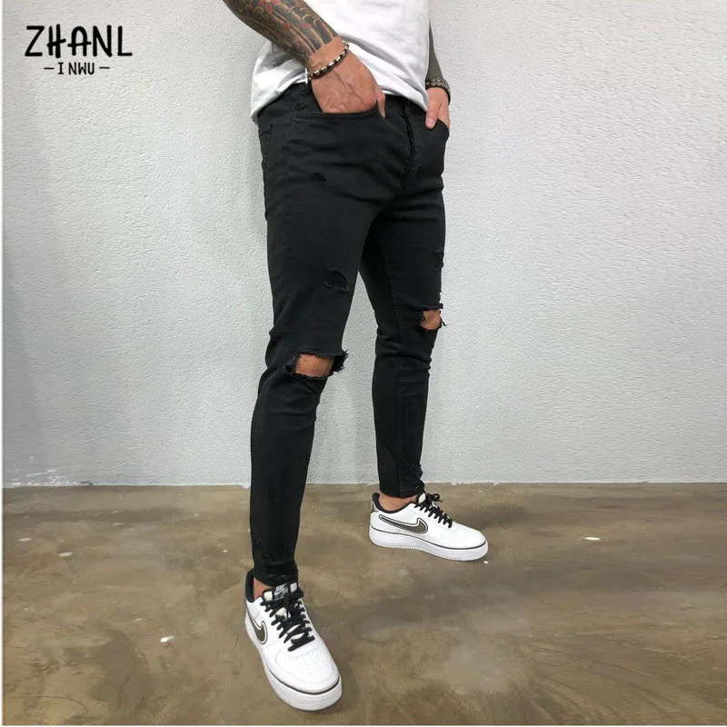 Top Trends: Streetwear Ripped Mens Skinny Pants Broken Man Jeans Joggers Fashion Black Casual Hip Hop Elastic Waist Cowboy Pants Men Clothes Shoppable Styles