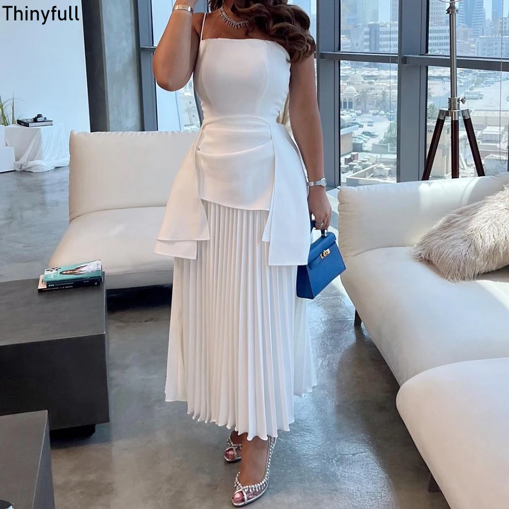 Top Trends: Thinyfull Saudi Arabia White Prom Dresses A-line Spaghetti Straps Sleeveless Evening Party Gown Tea-Length Formal Occasion Dress Shoppable Styles