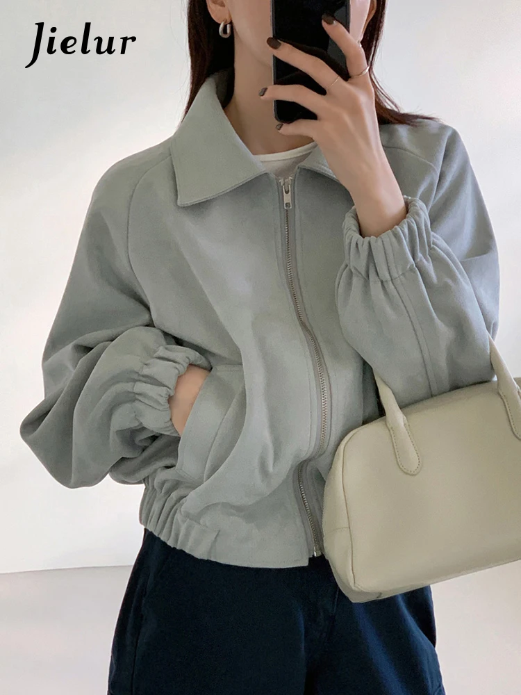 Top Trends: Jielur Grey Casual Loose Autumn Female Jackets Chic Turn Down Collar Korean Style Pure Color Simple Women's Coats Sport Jackets Shoppable Styles