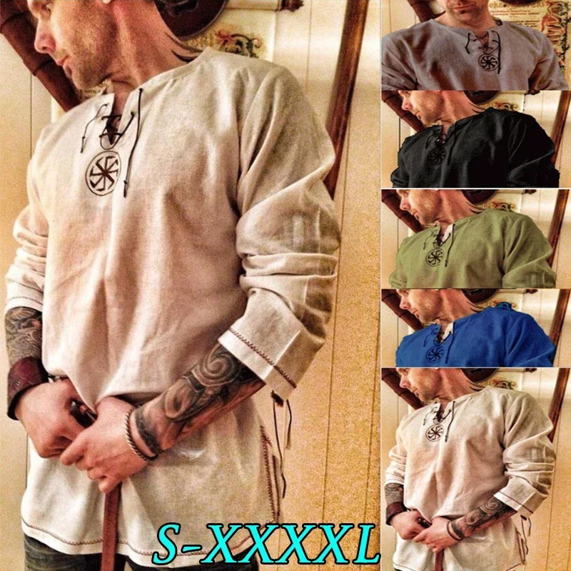 Top Trends: Vintage Style Men's Ancient Viking Linen Shirt Medieval Cosplay Costume Men Long Sleeved Embroidery Retro T-shirt Shoppable Styles