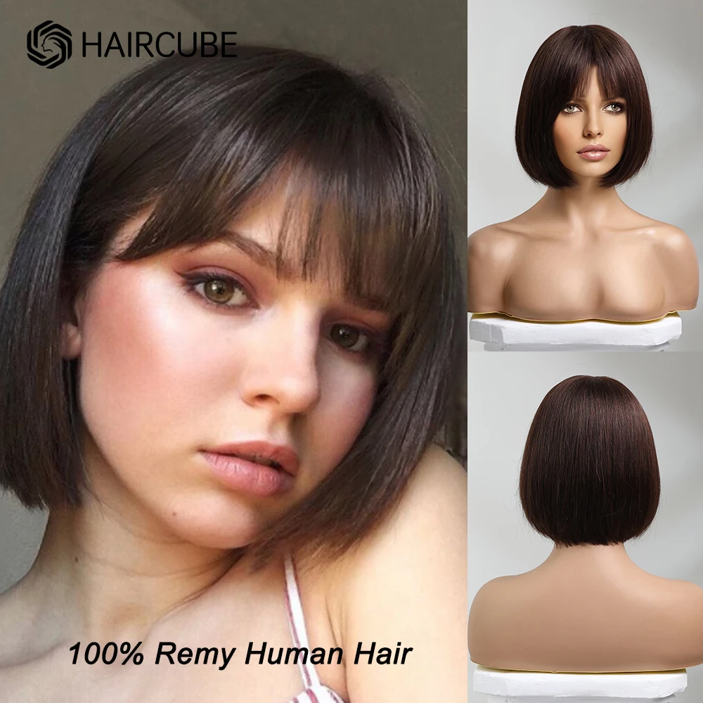 Top Trends: HAIRCUBE Straight Bob Human Hair Wig For Women Natural Short Wigs With Bangs Machine Made Heat Resistant Dark Brown Remy Hair Shoppable Styles