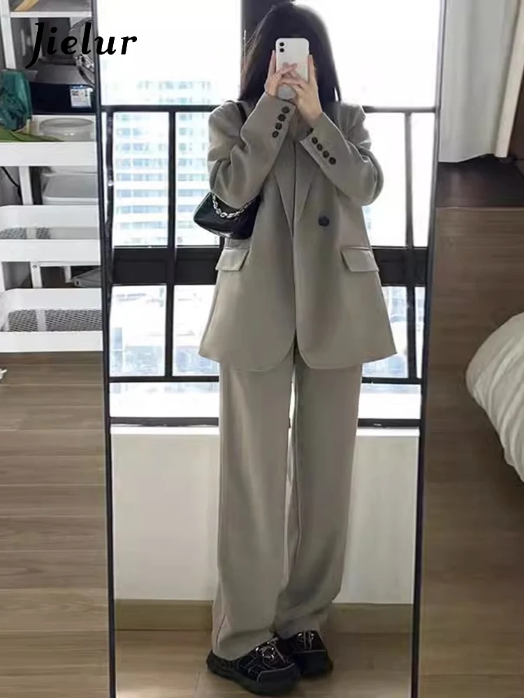 Top Trends: Jielur Two Piece Autumn New Women Pant Suits Casual Loose Solid Color Pant Suits Woman Gray Black Simple Basic Pant Suits Female Shoppable Styles