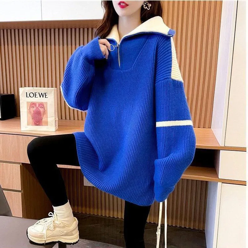 Top Trends: Fashion Turtleneck Spliced Zipper Casual Sweaters Female Clothing 2023 Autumn Winter Loose All-match Pullovers Korean Warm Tops Shoppable Styles