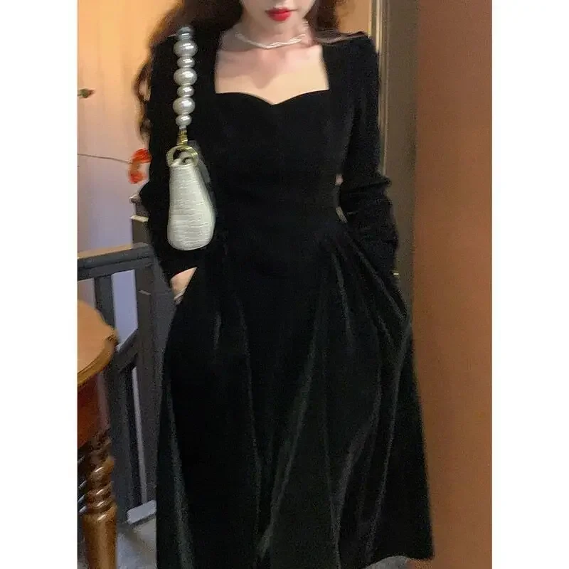 Top Trends: French Black Dress Velvet Dresses Women 2023 Spring And Fall New Waisted Fairy Style Dress Female High Class Elegant Party Dress Shoppable Styles