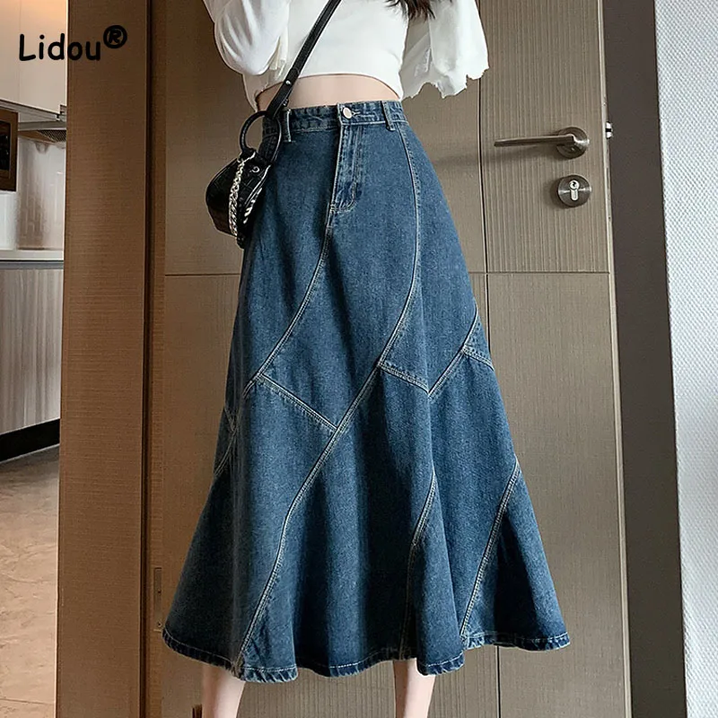 Top Trends: 2023 Temperament Fashion Solid Color Denim Skirt Women&#039;s Clothing Spring Casual All-match High Waist Spliced Skirts For Female Shoppable Styles