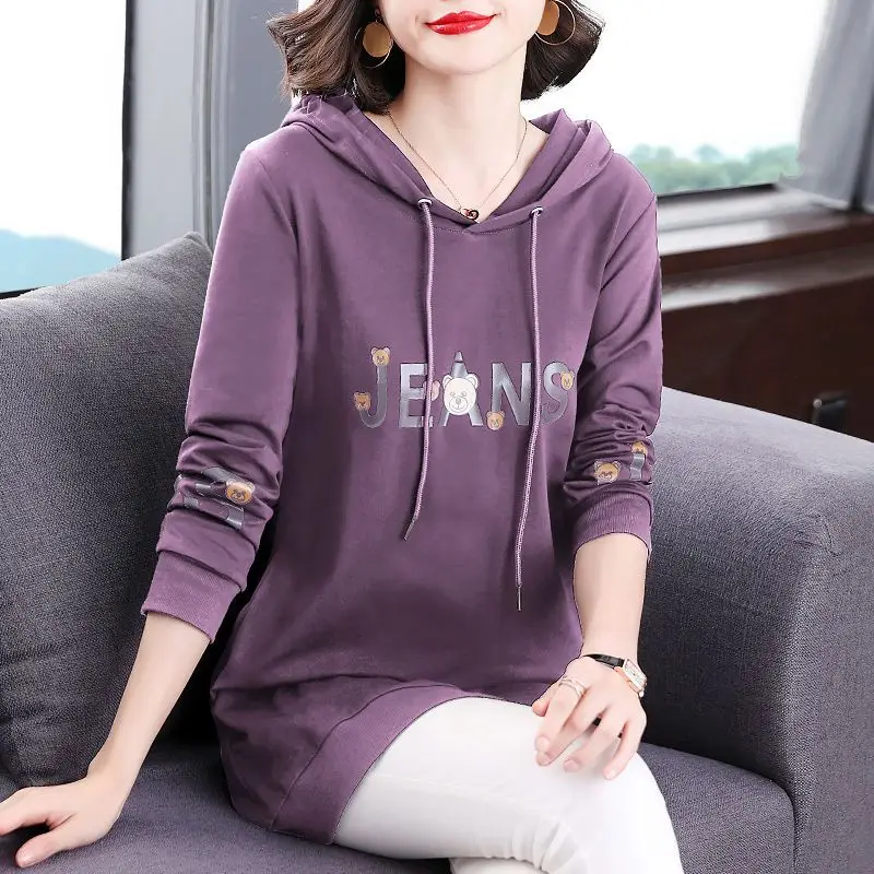 Top Trends: Fashion Hooded Drawstring Pullovers Spring Autumn Casual Letter Printed Cartoon Women&#039;s Clothing Commute Loose Midi Sweatshirts Shoppable Styles