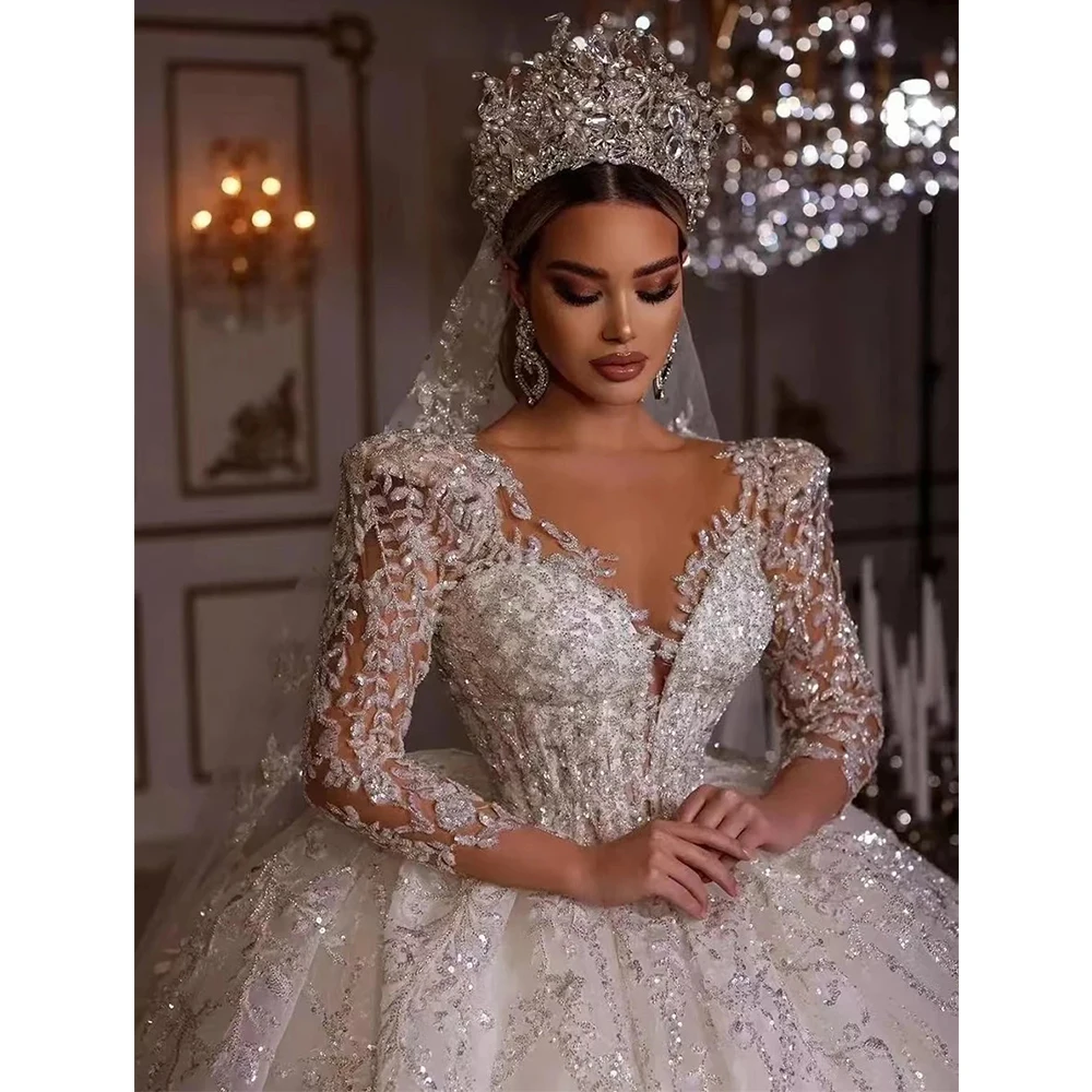 Top Trends: Luxury Women&#039;s Wedding Dresses Elegant V-Neck Long-Sleeved Lace Applique A-Line Puffy Skirt Bridal Gowns Formal Beach Party Robe Shoppable Styles