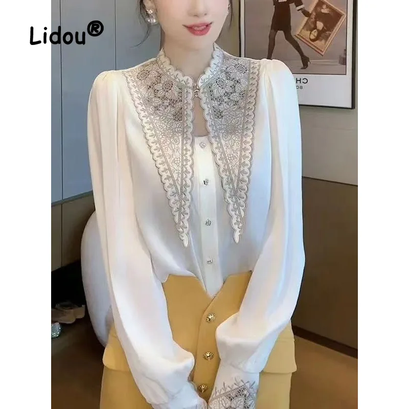 Top Trends: Fashion Korean White Embroidered Peaked Collar Blouse Women New Classic Long Sleeve Casual All-match Temperament Lady Shirt Shoppable Styles