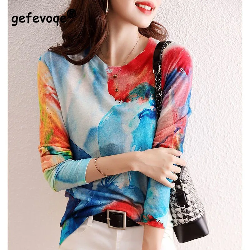 Top Trends: 2023 Women&#039;s Spring And Autumn New Fashion Bottom Shirt Versatile Comfortable Printed Round Neck Long Sleeve Knitted Top Shoppable Styles