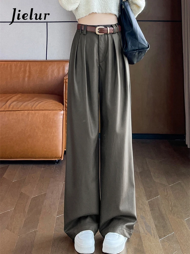 Top Trends: Jielur Fashion Office Lady Pu Wide Leg Pants New Solid Color Chic Zipper Thick Casual Female Trousers Winter Loose Women&#039;s Pants Shoppable Styles