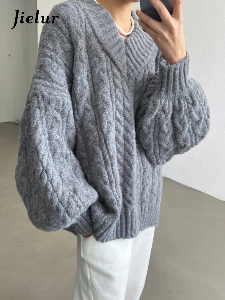 Top Trends: Jielur Autumn Winter New Chic Knitted Pullovers Woman Loose Retro Fashion Pullovers Casual Grey Pink Apricot Light Green Sweater Shoppable Styles - Image 2