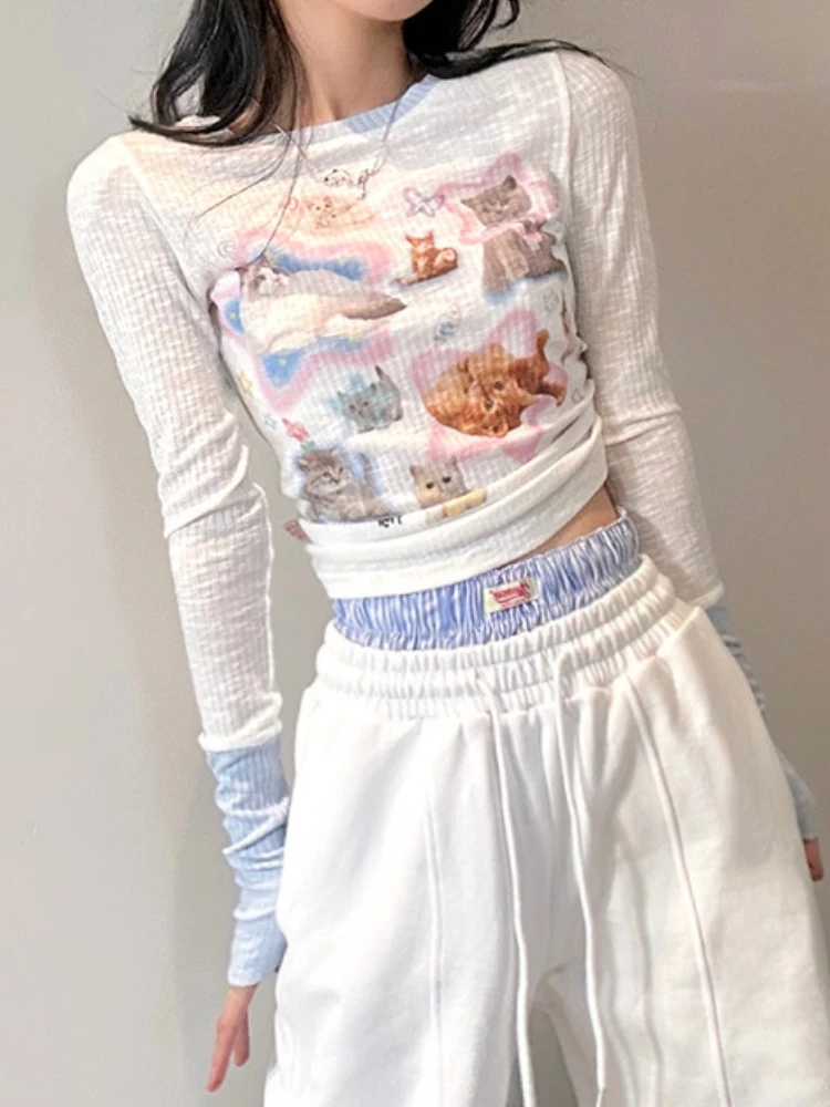 Top Trends: ADAgirl Kawaii Cat Print Long Sleeve Tees Shirt Kitten T-shirts Y2k Cropped Tops Women Hotsweet Harajuku Japan Cutecore Clothes Shoppable Styles