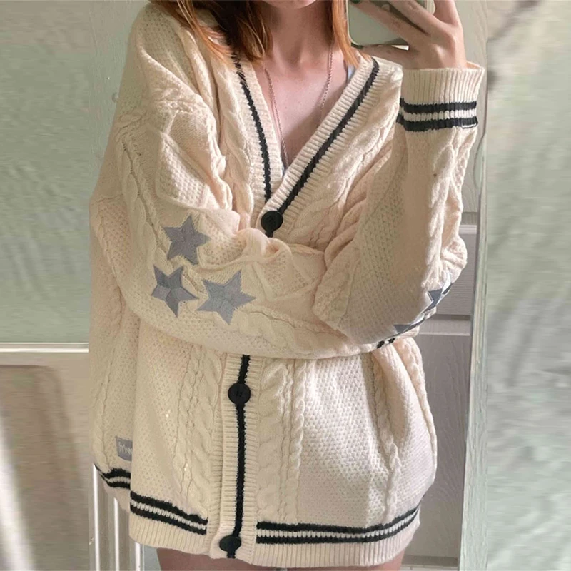 Top Trends: New Vintage Star Print Knitted Cardigan Preppy Cute Button Up V Neck Long Sleeve Coat Autumn Y2K Aesthetics Retro Sweater Shoppable Styles