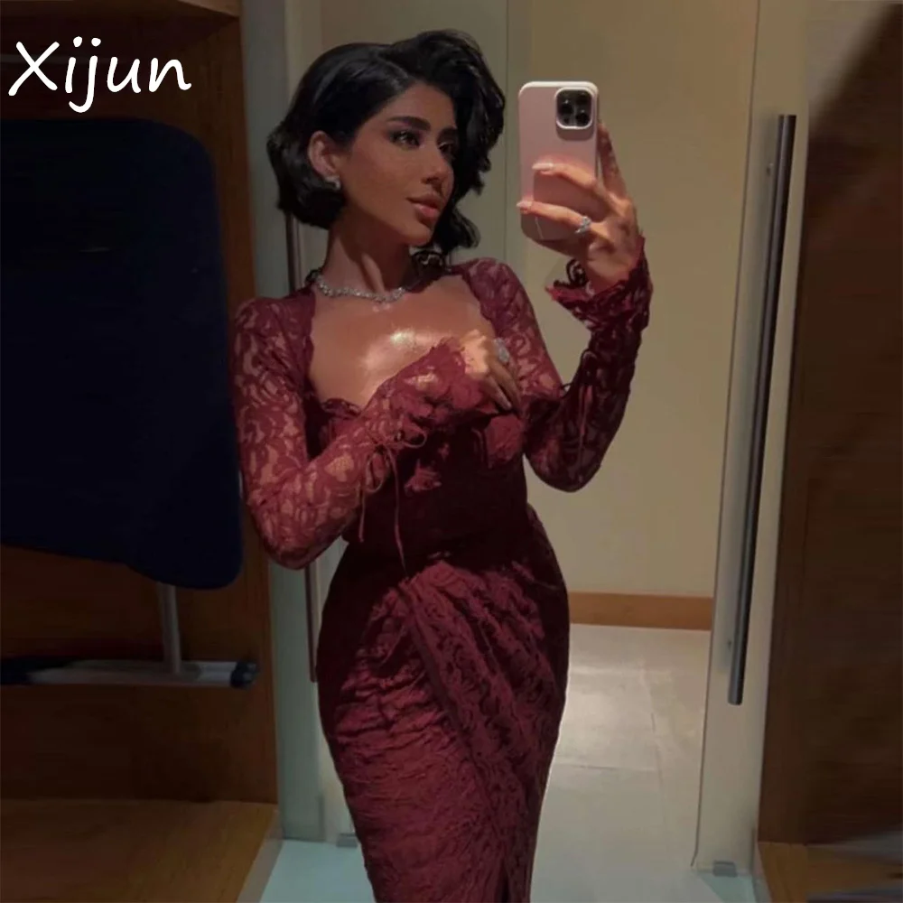 Top Trends: Xijun Burdungy Mermaid Saudi Arabic Evening Dresses Lace Appliques Long Sleeves Pleat Ruched Dubai Women Prom Dress Party Gowns Shoppable Styles