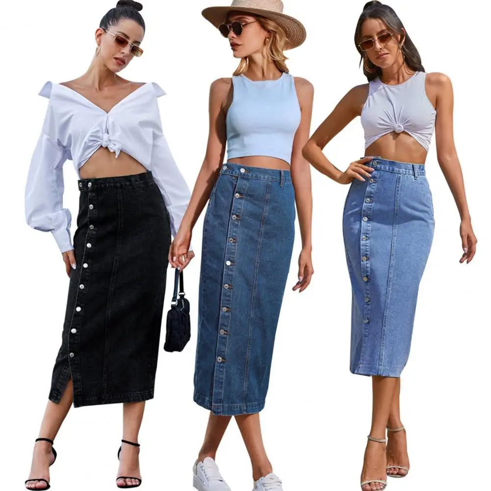 Top Trends: 2023 Women&#039;s Button A-line Side Split High Waist Denim Skirt Office Lady Black Blue Midi Jean Skirts Autumn Winter Long Skirt Shoppable Styles