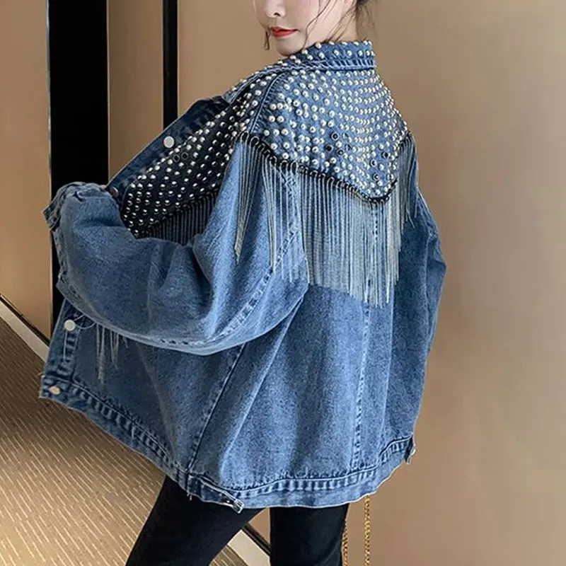 Top Trends: Female Clothing Stylish Tassel Beading Jackets Spring Autumn Korean Long Sleeve Lapel Casual Loose Single-breasted Denim Coats Shoppable Styles