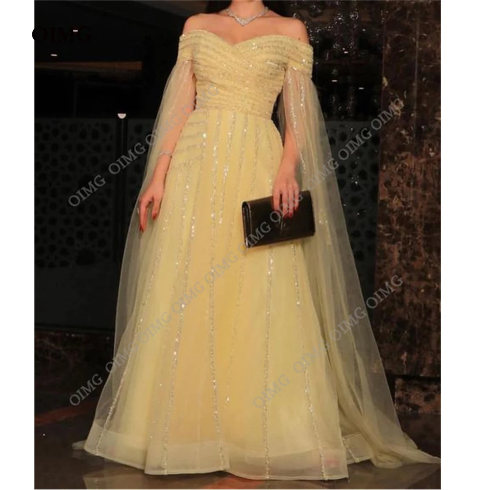 Top Trends: OIMG Sparkly Yellow Long Shiny A-Line Sweetheart Evening Gowns Prom Dresses Full Jacket Sleeves Sequined Wedding Party Dress Shoppable Styles