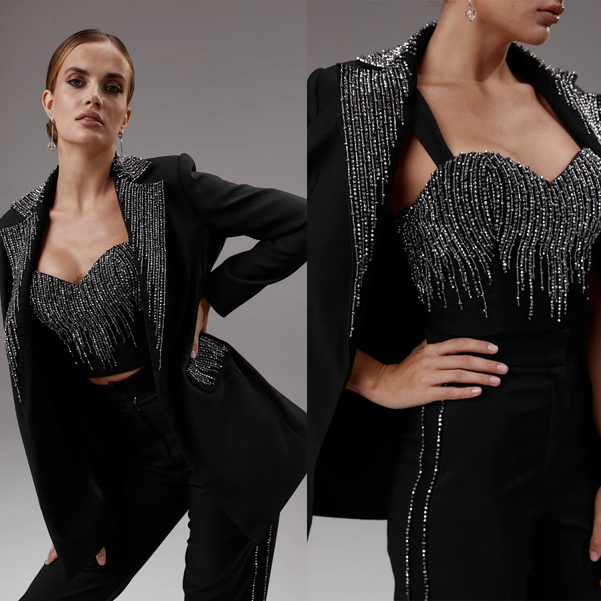 Top Trends: Black Sequins Women Pants Suits Slim Fit Girls Blazer Sets Loose 3 Pieces Custom Made Jacket For Lady Party Prom Wedding Wear Shoppable Styles