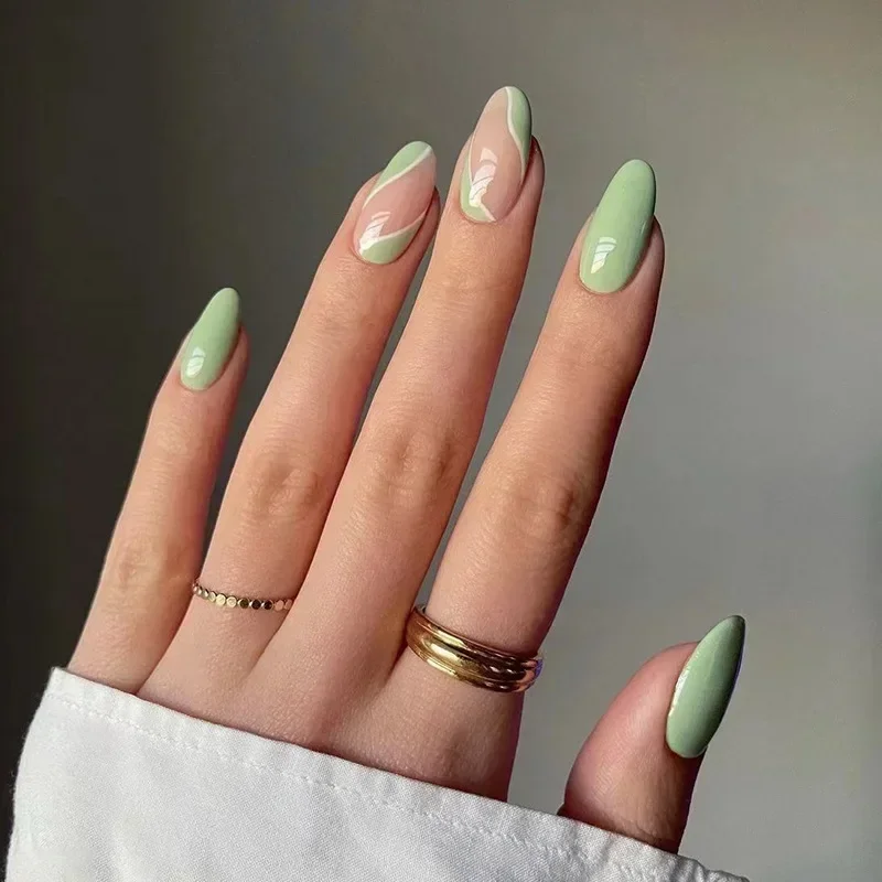 Top Trends: 24Pcs Simple Green French False Nails Short Almond Fake Nails With Wave Line Design Wearable Round Head Press On Nail Tips Shoppable Styles