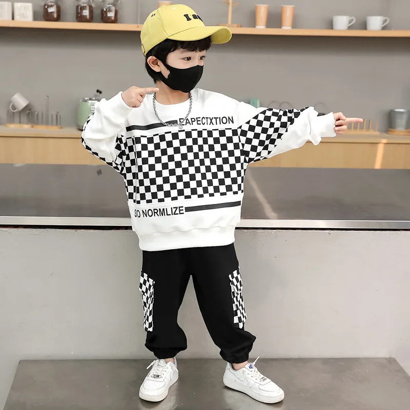 Top Trends: Boys' Long Sleeve Sweatshirt + Pants 2pcs Suit Spring Autumn Plaid Print Sweater Medium And Big Children Sports Two-Piece Suit Shoppable Styles - Image 4