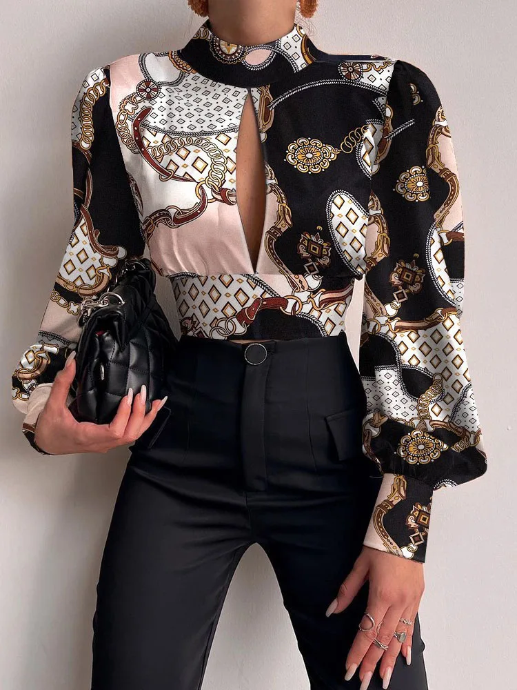 Top Trends: Women Sexy Backless Hollow Print Shirts Fashion Party Crop Top 2024 Spring Casual Stand Long Sleeve Office Lady Blouses And Top Shoppable Styles - Image 3