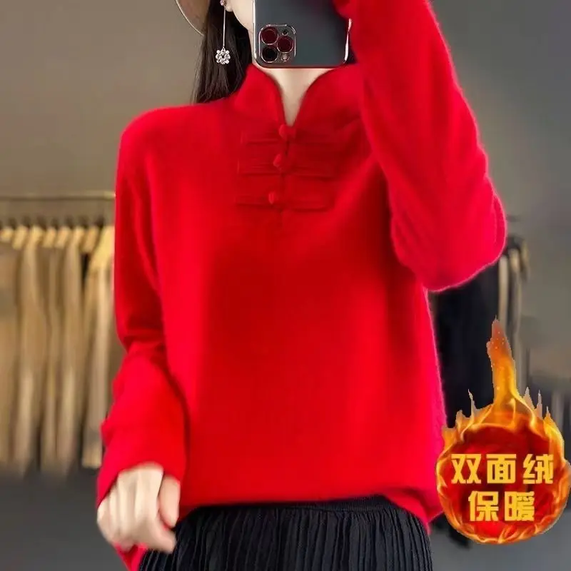 Top Trends: Women's Autumn Winter Fashion Elegant Half High Collar Pullover Long Sleeved Versatile Chinese Style Lady Tops Y2K Chic T-shirts Shoppable Styles - Image 3