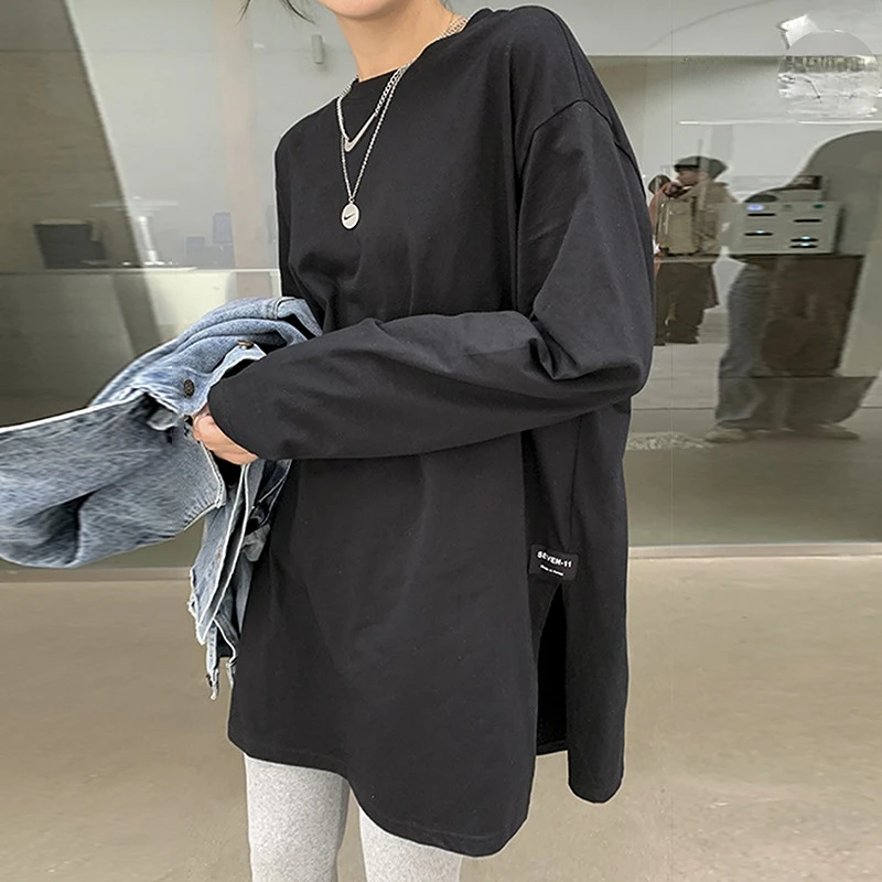 Top Trends: Casual White Long Sleeve T-shirt Women's Spring Autumn New Fashion Korean Version Solid Side Split Top Loose O Neck Black Tees Shoppable Styles - Image 2