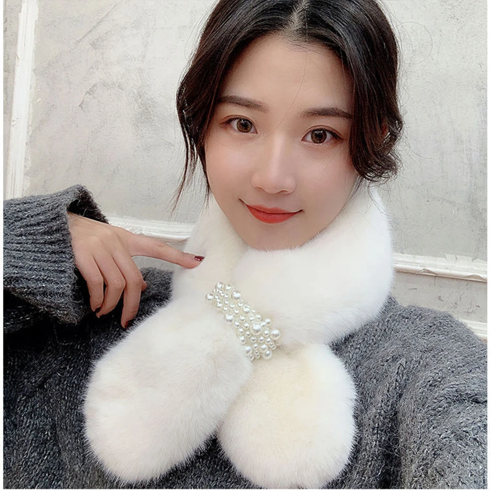 Top Trends: Pearl Scarf Winter New Style Thickened Korean Version Of Cross-warmingwool Wool Rabbit-like Neck Collar DZ1 Shoppable Styles - Image 3