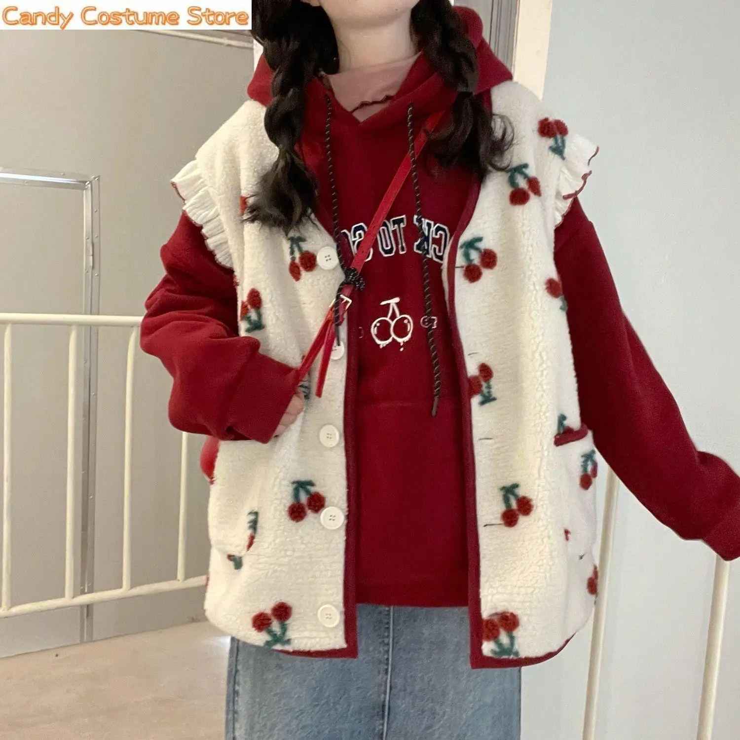 Top Trends: Autumn Winter New Arrival Fashion Vests Women Cherry Printed V-neck Sleeveless Button Up Outerwear Coats Casual Loose Jackets Shoppable Styles