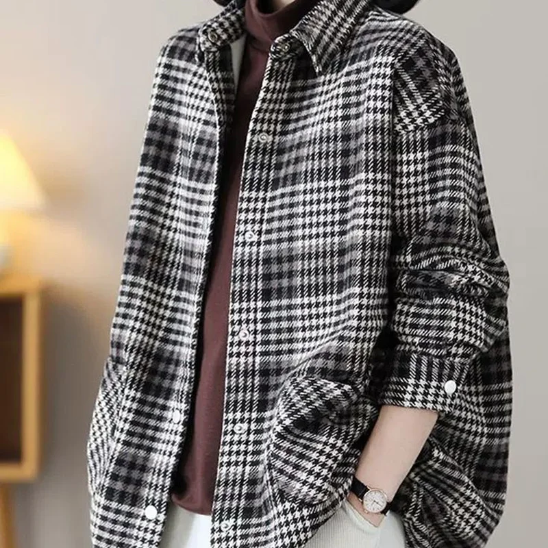 Top Trends: Spring Autumn New Plaid Long Sleeve Shirt Women High Street Casual Loose Button Cardigan Korean Style Vintage All-match Tops Shoppable Styles