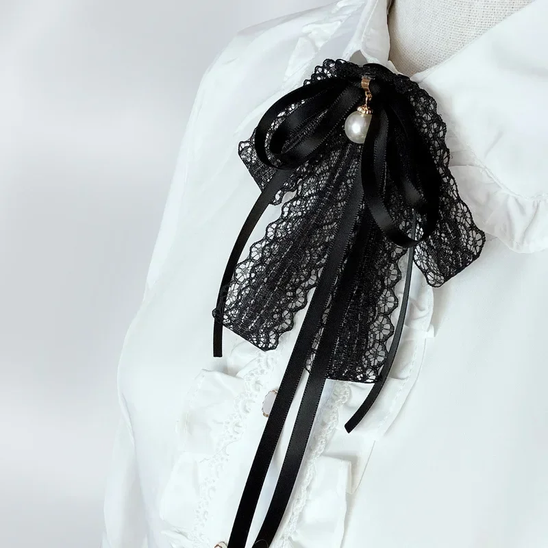 Top Trends: Simple Pearl Bow Tie Shirt Collar Pin Black Female Ribbon Fabric Lace Bowtie Brooch Fashion Student School Clothing Accessories Shoppable Styles