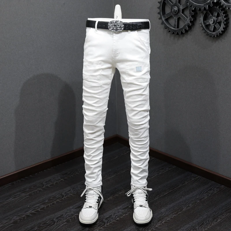 Top Trends: High Street Fashion Men Jeans White Elastic Stretch Skinny Jeans Men Multi Pockets Spliced Designer Hip Hop Denim Pants Hombre Shoppable Styles