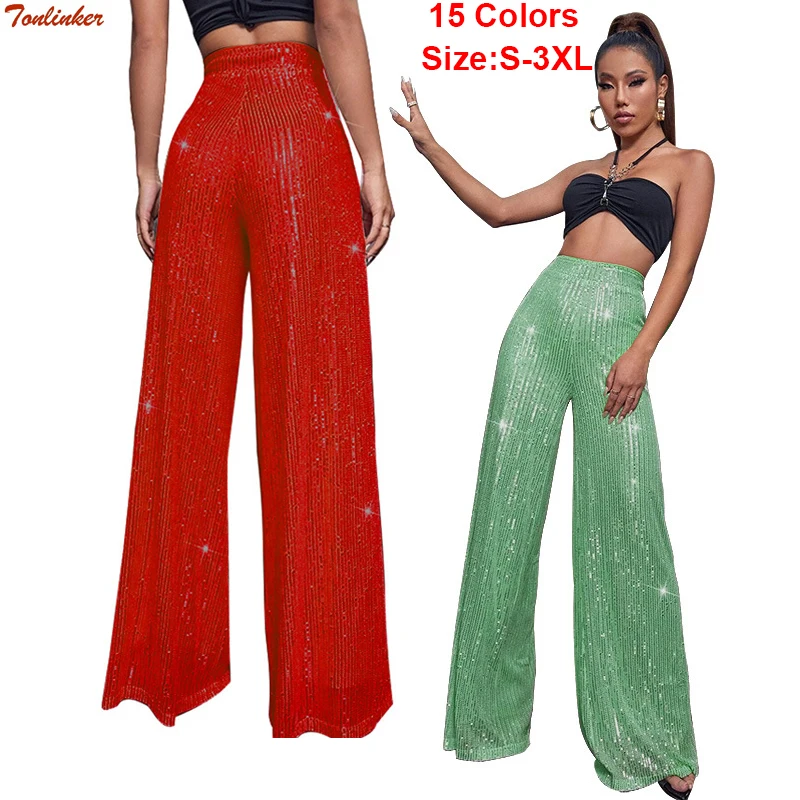 Top Trends: 15 Colors Fashion Sequin Wide Leg Pants Black Red Blue Korean Style Women Trousers High Waist Loose Mopping Long Pants S-3XL Shoppable Styles