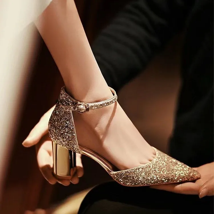 Top Trends: Luxury Gold Silver Sequins High Heels Pumps Women 2023 Pointed Toe Ankle Straps Wedding Shoes Woman Thick Heeled Party Shoes Shoppable Styles