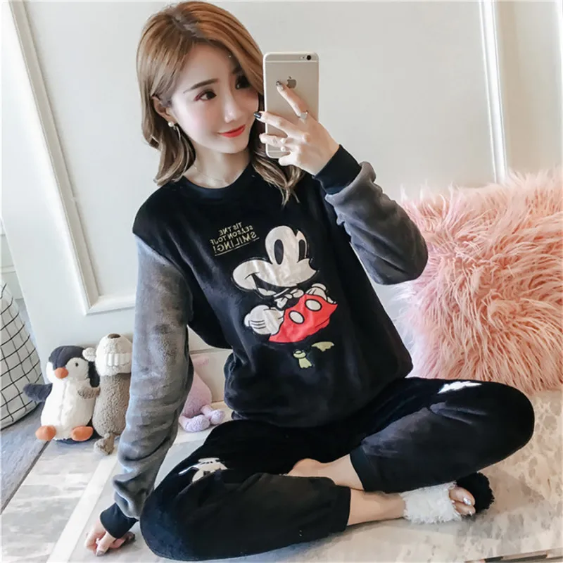 Top Trends: Cartoon Mickey Minnie Bear Print Women Autumn Winter Coral Fleece Pajamas Women Cute Thickened Long Sleeve Home Suit Set Shoppable Styles