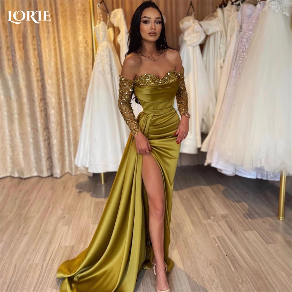 Top Trends: LORIE Forest Green Glitter Evening Dresses Mermaid Shiny Sweetheart Off Shoulder Prom Dress Pleated Side Slit Sexy Party Gowns Shoppable Styles